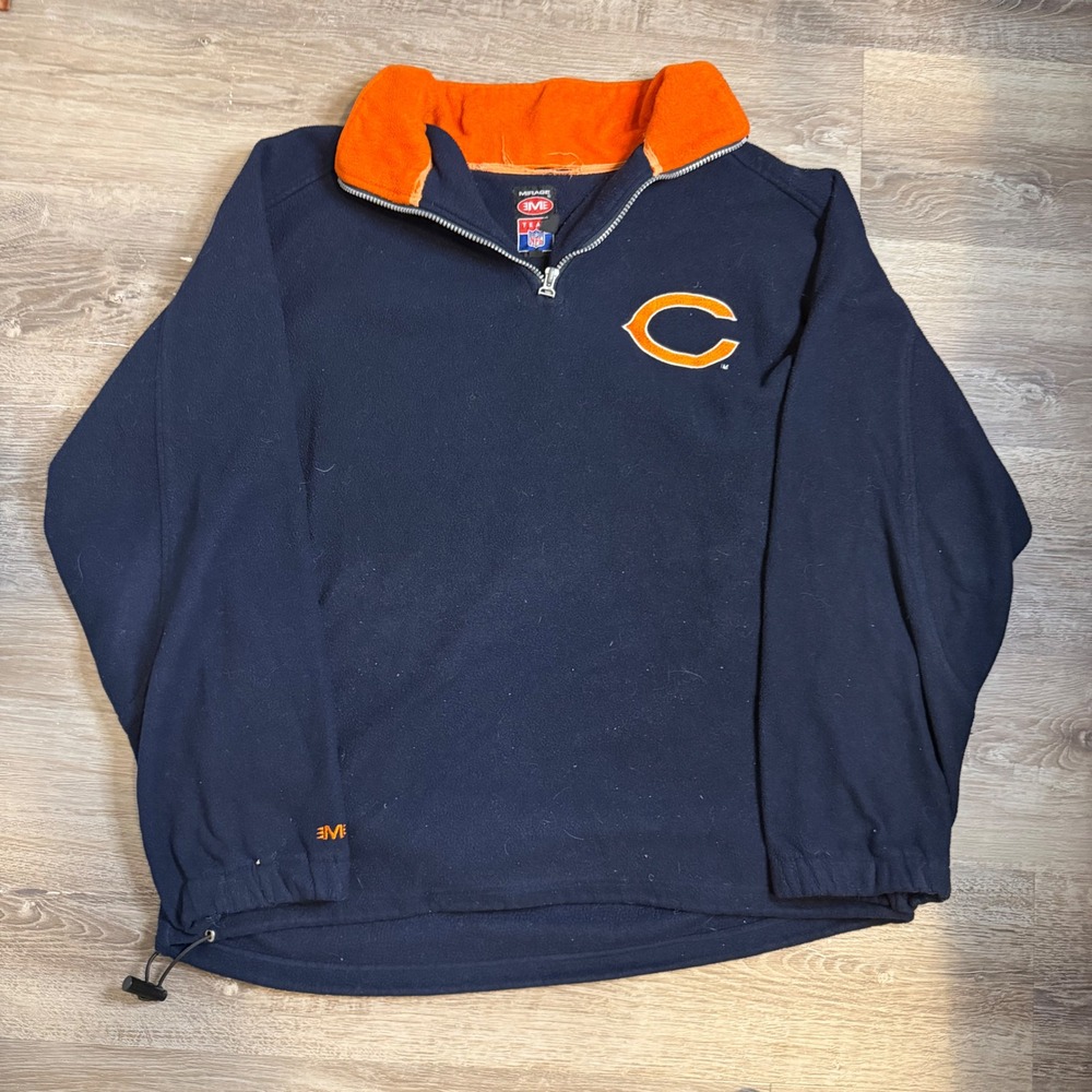Vintage Chicago Bears Mirage NFL Quarter Zip Fleece Pullover Navy Blue Mens L